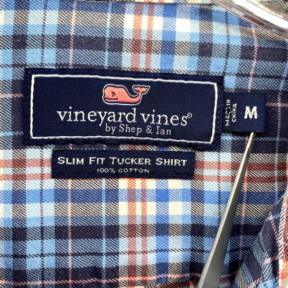 Vineyard Vines Shirt Men's Medium Blue Plaid Slim Fit Tucker Whale Button Preppy - Picture 4 of 11
